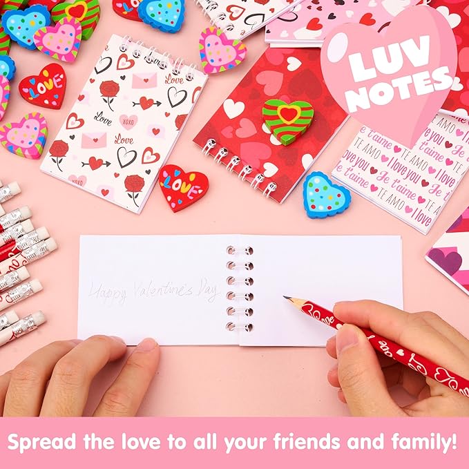 JOYIN 28 Packs Valentine Gifts for Kids, Notepad, Pencil and Eraser for Kids and Adults School, Party Favor Stationery Sets, Gift Set Classroom Exchange Toy