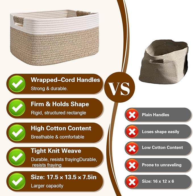 4 Pack Large Storage Basket for Organizing, 17.5"x13"x7" Woven Basket for Shelves, Closet Cube Storage Bins with Wrapped Handle, Cotton Rope Baskets for Kitchen, Clothes, Toys(Off White & Brown)