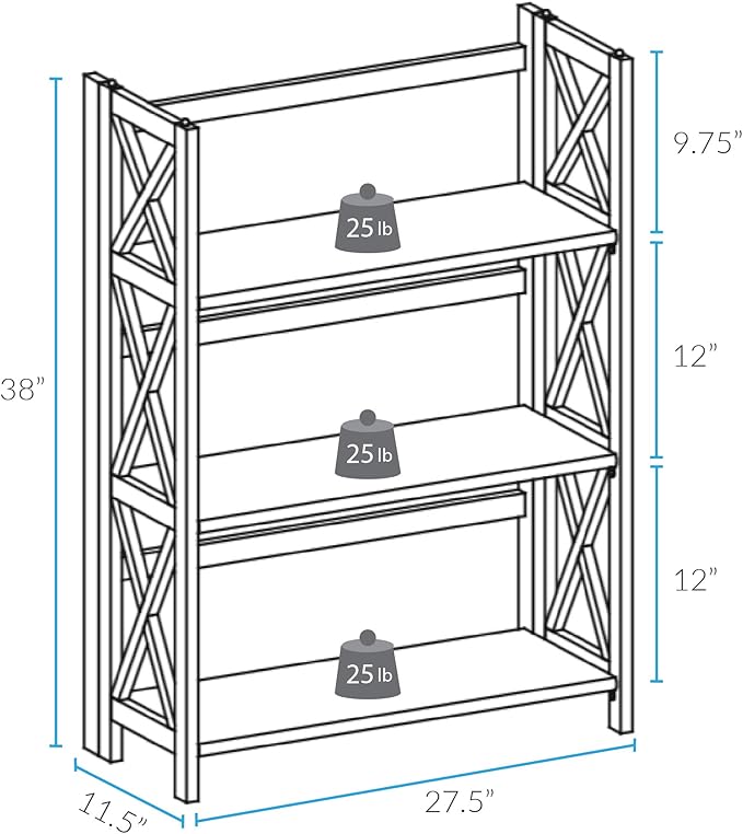 Casual Home Montego 3-Shelf White fold bookcase, 27.5" Wide