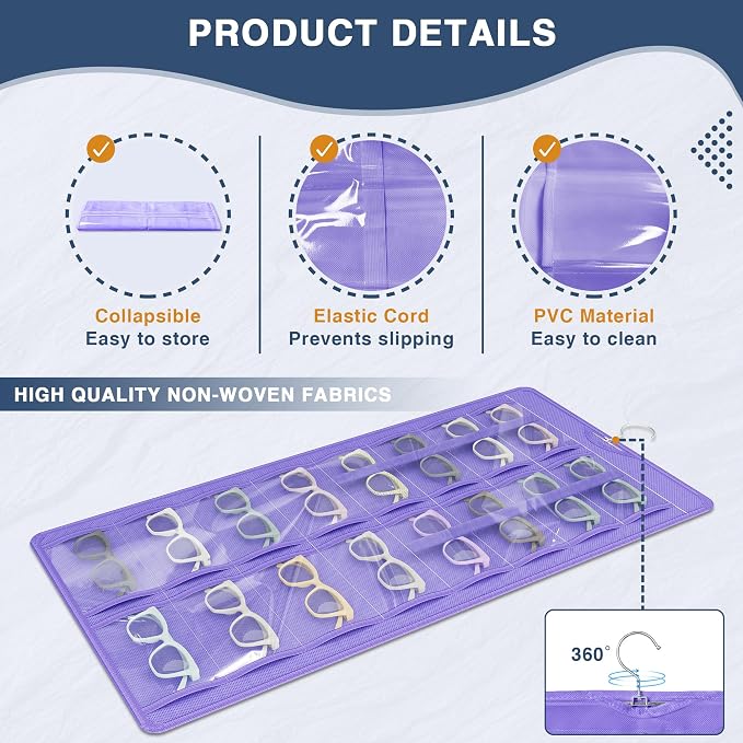 Hanging Sunglasses Organizer and Storage, 32 Slots Jewelry Holder, Purple | Protect eyewear from dust with double-sided clear compartments; roof design hangs on wall, door or closet for home/RV travel.