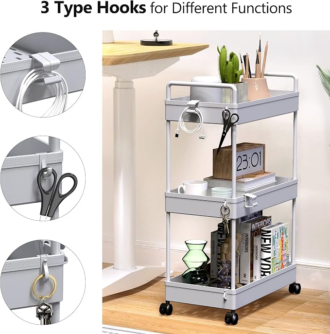 SOLEJAZZ 3 Tier Slim Rolling Storage Cart Organizer with Wheels, Gray | Utility cart for bathroom, laundry, bedside, dorm&narrow spaces. Fits craft, nail, makeup, snack, art, diaper&baby essentials