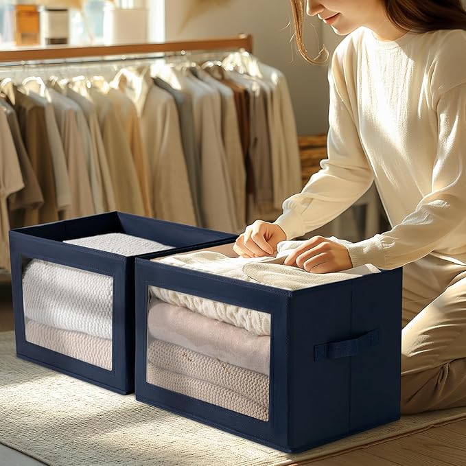 Homsorout Organizing Bins with Lid - 4 Pack Foldable Clear Window Storage Bins, Large Storage Boxes with Handles, Storage Containers for Clothes, Towel, Blanket, Sheet, Navy Blue