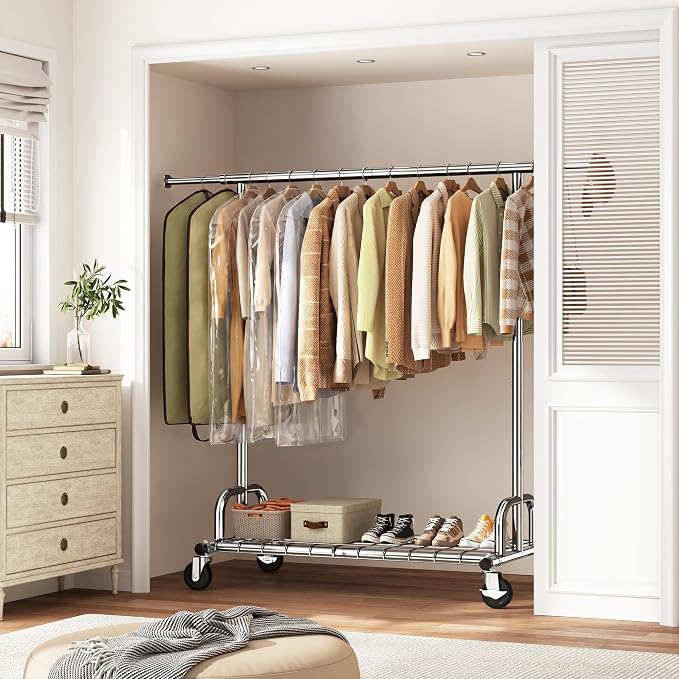 Raybee Heavy Duty Clothes Rack, 530LBS Capacity, Space-Saving Storage | 75"W Extendable Rod, Height Adjustable, Bottom Shelf, 360° Lockable Wheels, Collapsible Design, 5-Minute Tool-free Assembly