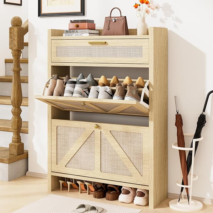 Rattan Shoe Storage Cabinet - Hidden Entryway Shoe Storage with Adjustable Shelf, Slim Shoe Organizer Cabinet with 2 Flip Drawers & 1 Drawer, Modern Shoe Cabinet Storage for Hallway Entrance