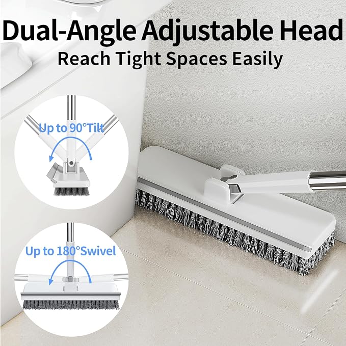 Floor Scrub Brush with 55" Long Handle, 2-in-1 Floor Brush with Built-in Squeegee, Adjustable Angle Head and Stiff Bristles for Tile, Wood, Concrete & Textured Floor Cleaning