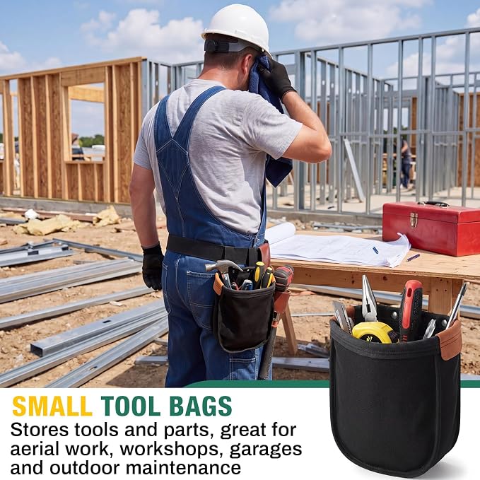 2 Pcs Tool Pouches 9" x 3.5" x 10", Utility Small Tool Pouch Bag with Inner Pocket Reinforced with Rope & Tanned Leather, Loop Belt Connection & Metal Snaps for Nuts & Bolts Outdoor Work