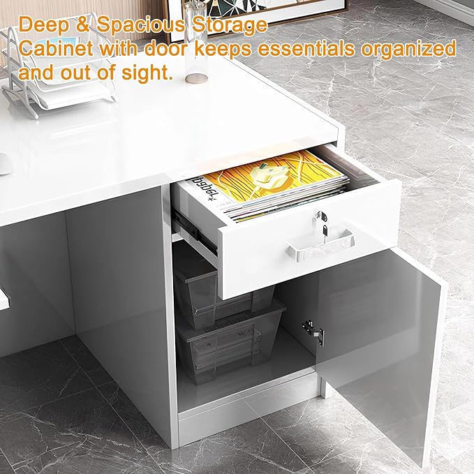 Modern Reception Desk with Counter, Front Desk Reception Counter with Lockable Drawer, Keyboard Tray & Storage Cabinet, Solid Wood Receptionist Table for Salon Office Lobby (E - Left, L 2.2m/86in)