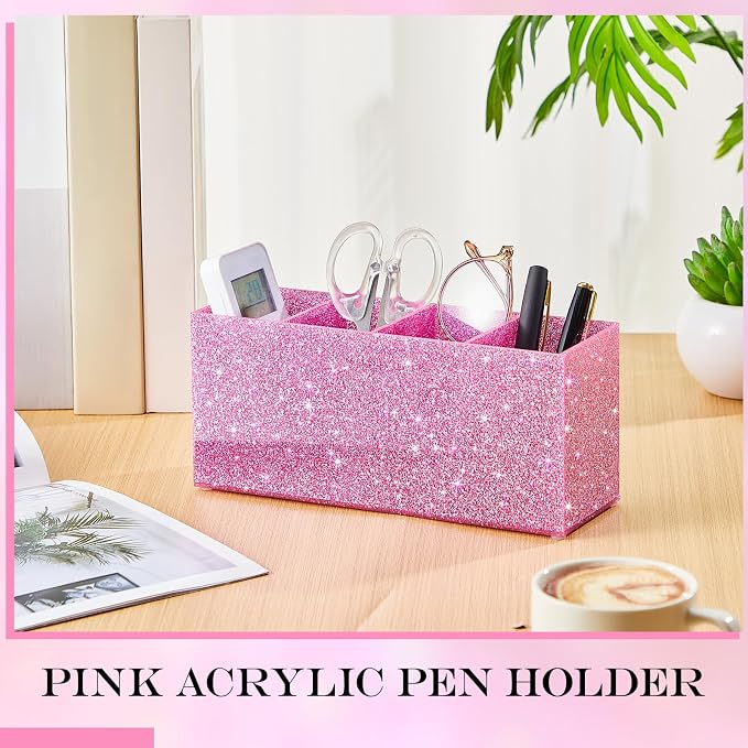 Jetec Acrylic Glitter Pink Pen Holder 4 Compartments Bling Makeup Brush Stationery Organizer Pencil Holder for Desk Accessories Sparkly Gifts for Women Back to School Birthday Desktop Workplace Office