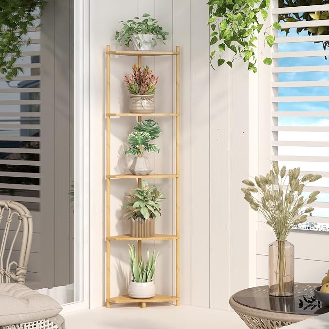 Wisuce Natural Tall Corner Shelf Stand, 5-Tier Bamboo Corner Bookshelf | Space-Saving Narrow Corner Shelf | Bathroom Corner Shelf | Shelves for Bedroom, Living Room, Kitchen & Plant Display