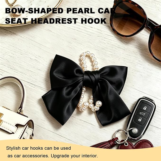 2 PCS Bow Pearl Car Seat Headrest Hook, Auto Rear Seat Hanging Organizer Elegant Pearl Decoration, Cute Bow Vehicle Interior Seatback Storage Hooks for Handbags Purses Groceries (Black)