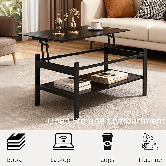 Meihua Lift Top Glass Coffee Table with Storage Compartment and Separated Open Shelves, Lift Tabletop for Living Room Home, Office, Black