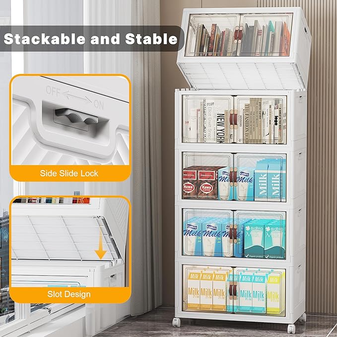 UAMFURI Stackable Storage Bins with Lids, Extra Large Plastic Organizer Cabinet Drawers, 240QT Collapsible Closet Containers with Doors and Wheels,For Bedroom, Kitchen, Office, Garage,(5Pack Cube)