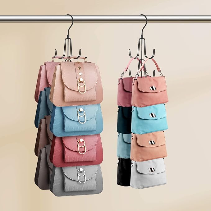 ZEDODIER Purse Organizer for Closet, Rotatable Purse Hanger Bag Holder, Max 8 Storage Capacity Backpack Rack, Metal Space Saving Hanger, Black