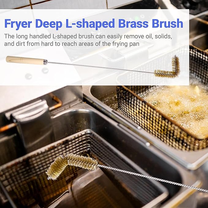 3 PCS Fryer Cleaning Tools with Deep Fryer Brass L-Shaped Brush, Deep Fryer Crumb Scoop, Deep Fryer Cleanout Rod for Restaurants, Air Fryers, Deep Fat Fryers