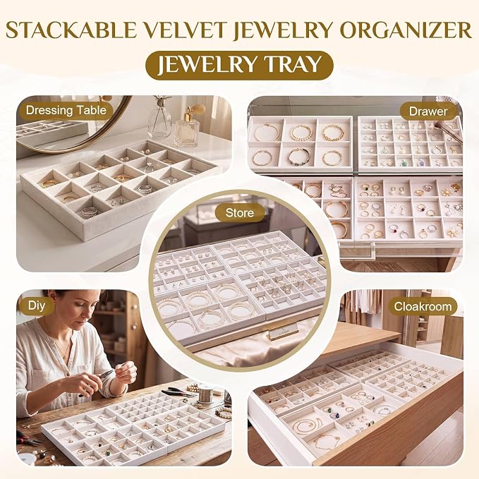 Unittype Set of 4 Stackable Jewelry Organizer Tray for Drawer Inserts Velvet Necklace Earring Bracelet Ring Holder Jewelry Display Storage Box for Bangle Stud Necklace Ring(6/12/15/24 Grid,Beige)