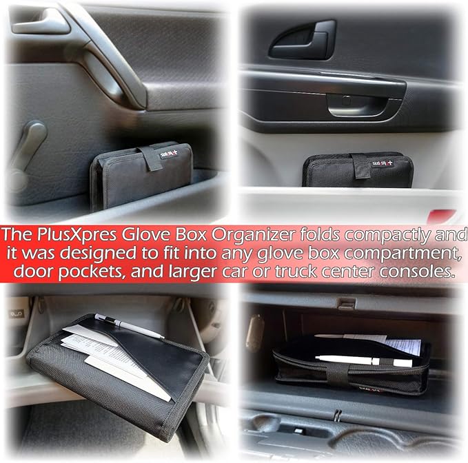 PlusXpres Glove Box Compartment Organizer - Car Document Holder - Gray | Owner Manual Case Pouch, Vehicle Storage Wallet for Registration and Insurance Card, Auto Paperwork Holder, Log Book included
