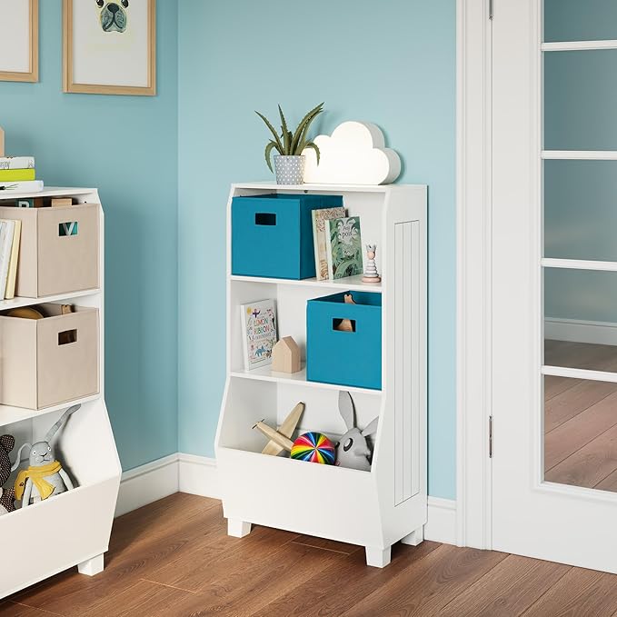 RiverRidge Kids Bookshelf with Veggie Storage Bin and 2 Open Shelves - Kids Storage Organizer, Toy Shelf & Book Shelf with Deep Veggie Bin and Top Toy Display Area