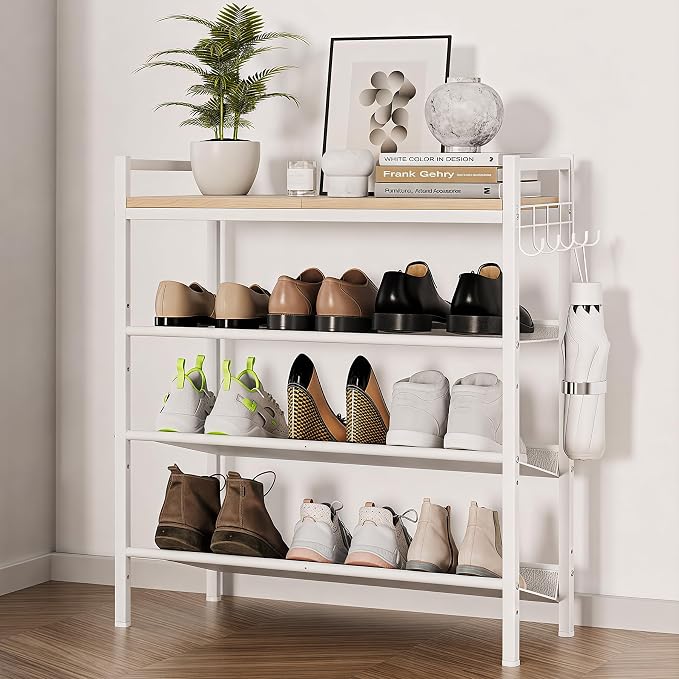 4 Tier Shoe Rack, Shoe Rack for Entryway with Hook, Shoe Organizer with Adjustable Mesh Shelves, Metal Shoe Storage, Closet, Bedroom Living Room Garage