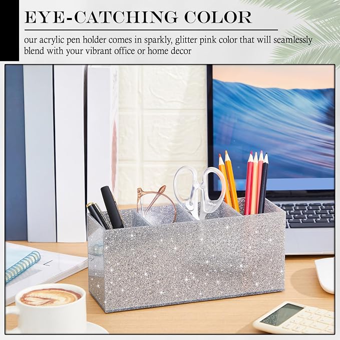 Jetec Acrylic Glitter Silver Pen Holder 4 Compartments Bling Makeup Brush Stationery Organizer Pencil Holder for Desk Accessories Sparkly Gifts for Women Back to School Birthday Desktop Office