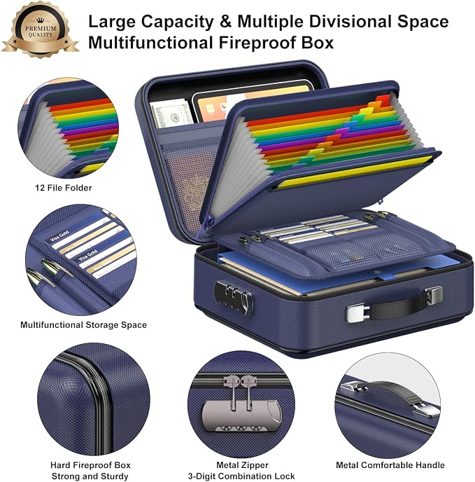 COLCASE Fireproof Document Box with Lock, Hard Fireproof Document Organizer | Hard-Shell Fireproof Waterproof Safe Box with Combination Lock Blue