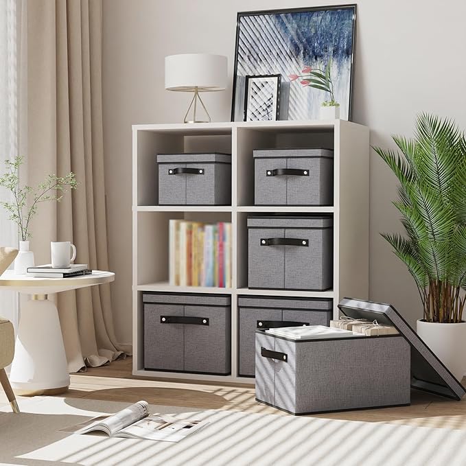 Storage Bin with Lid, 15 x 9.8 x 8.3 Inch Storage Box for Organizing with Handles, Decorative Linen Closet Organizer, Gray, 1-Pack