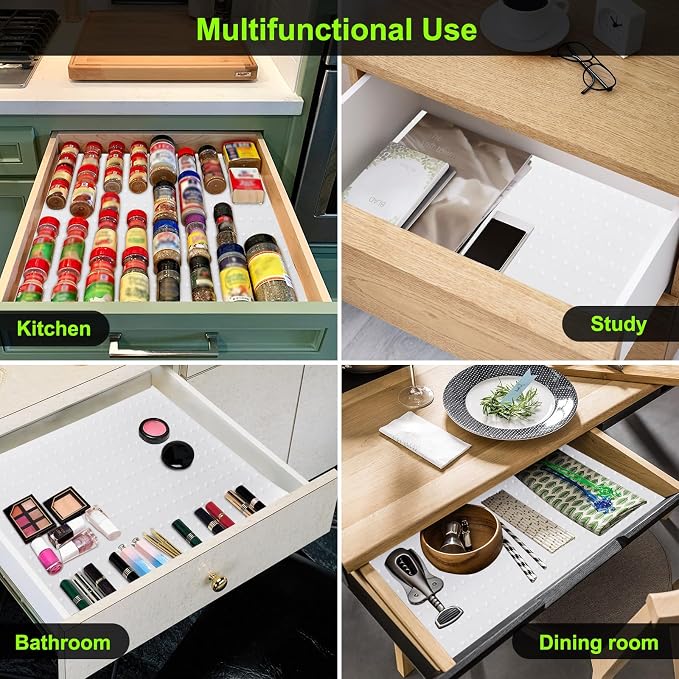 Gosmol Spice Drawer Organizer Insert - Silicone Spice Drawer Liner White | Adjustable non-slip liner organizer; in-drawer spice rack for seasoning jars, spice bottles, flat kitchen drawer organizer