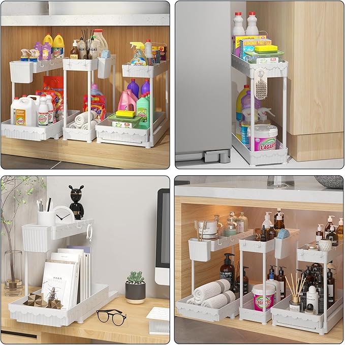 Sevenblue 3 Pack Multi-Purpose Under Sink Organizers and Storage, 2026 L-Shaped Pull Out Cabinet Organizer for Bathroom & Kitchen, Under Cabinet Organizer with Hooks Hanging Cup (White, 14.85 inch)