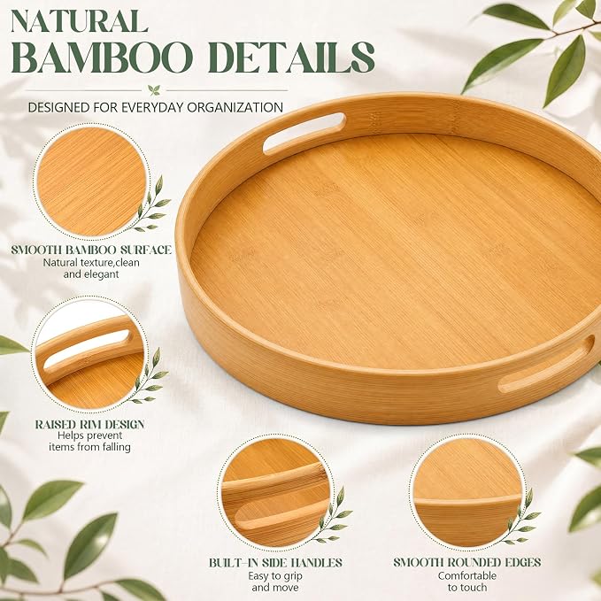 Mifoci 16 Inch Bamboo Lazy Susan Turntable, Rotating Serving Tray with Handles and Rim, Round Kitchen Countertop Organizer for Cabinet, Pantry, Dining Table