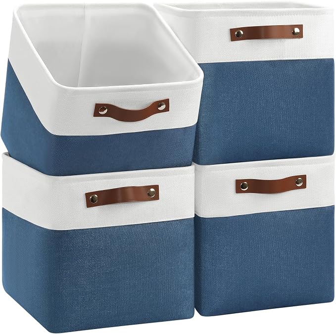 Patvingot 4-Pack Foldable Fabric Storage Cubes 11x11 Inch, Sturdy Cube Organizer Bins with Leather Handles, Storage Baskets for Closet Shelves and Home Organization(White/Blue)