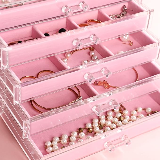 Frebeauty Extra Large Acrylic Jewelry Box for Women 5 Layers Clear Jewelry Organizer Velvet Earring Box with 5 Drawers Rings Display Case Necklaces Holder Tray for Women Girls(Pink) | Jewelry Storage for Rings Earrings Bracelets,Dustproof,Velvet Lining...