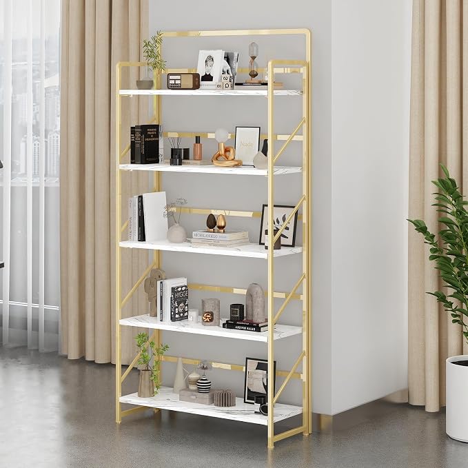 JSB 6 Tier No Assembly Folding Bookshelf, 30.3" Wide Foldable Storage Bookcase for Home Office, Space-Saving Storage Shelf for Living Room (White&Gold)