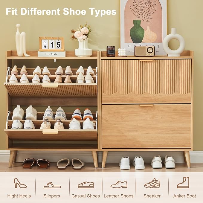 BERRYMERRY 30" Narrow Shoe Storage Cabinet with 2 Flip Drawers and Wave Fluted Design for Hallway Entryway Living Room Foyer (Fluted Natural 2 Drawer)
