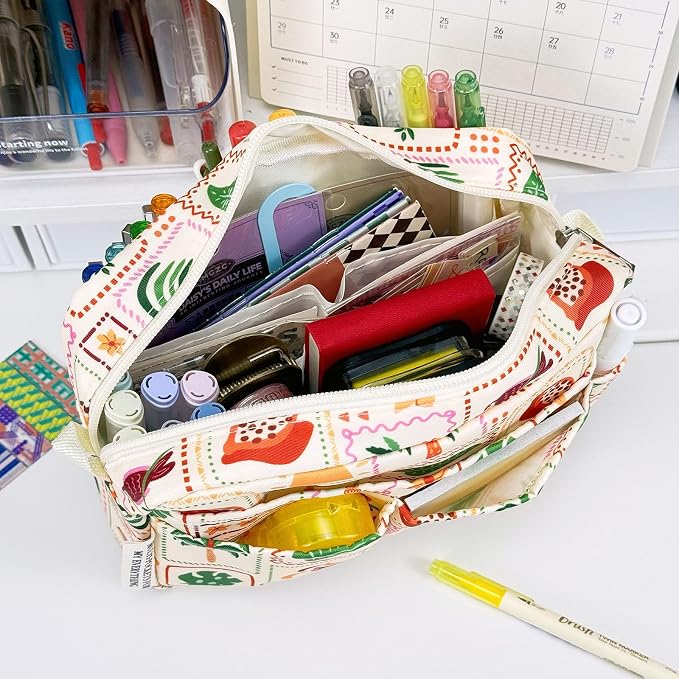 Multiple Pockets Portfolio Organizer with Zippered,Storage Pencil Pouch Bag | Waterproof Travel Toiletry Bag,Portable Pencil Pouch for Notebooks,Stationeries,Make-up,Journal Office Art Supplies,BechBlock