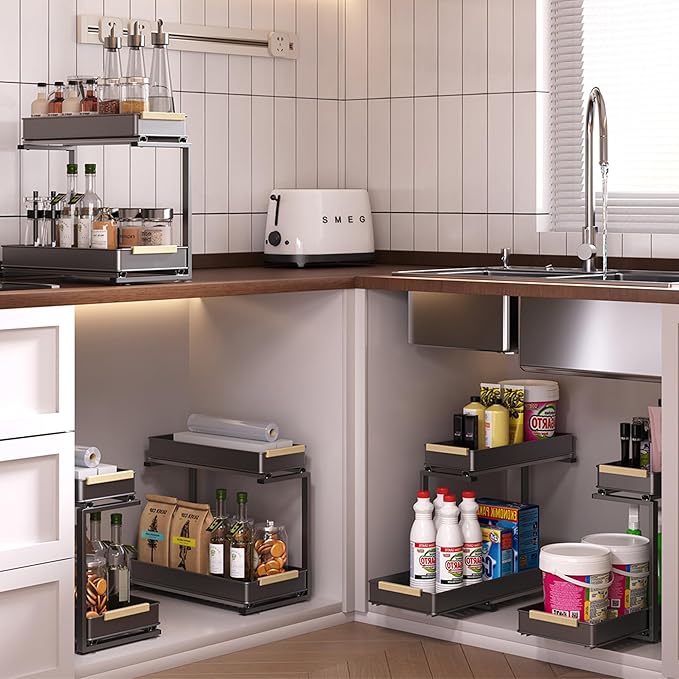 AndUp Under Sink Organizer, 2 Tiers Pull Out Bathroom Organizers and Storage, Slide Out Cabinet Organizer Shelf for Kitchen Bathroom, Multi-Purpose Collection Organizer Drawer Shelf (Gray, 2pcs)