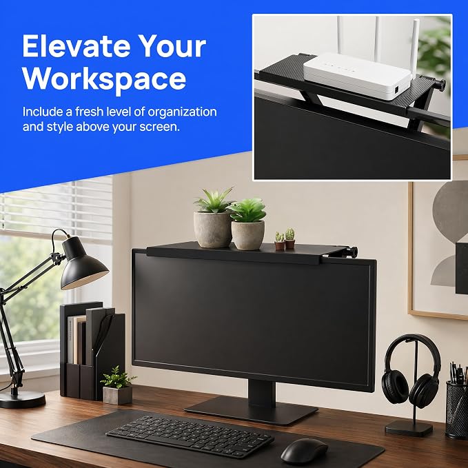 11.5 Inch Adjustable Screen Top Shelf Organizer for TV Computer Monitor Flat Screen, TV Mount Top Shelf Used to Place Soundbar Cable Box Speakers Apple TV Play-Station Camera Frames Remote