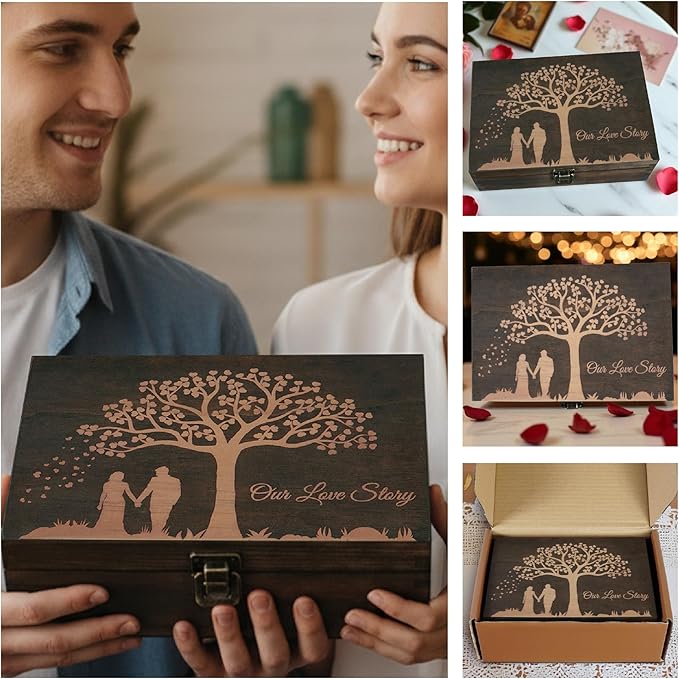 Engraved Wedding Memory Box- Wooden Keepsake Box for Bride & Groom, Letters, Photos, First Anniversary and Valentine’s Day Gift, Personalized Rustic Storage, Medium Size, Dark Walnut - 8.5 x 6 x 3 in