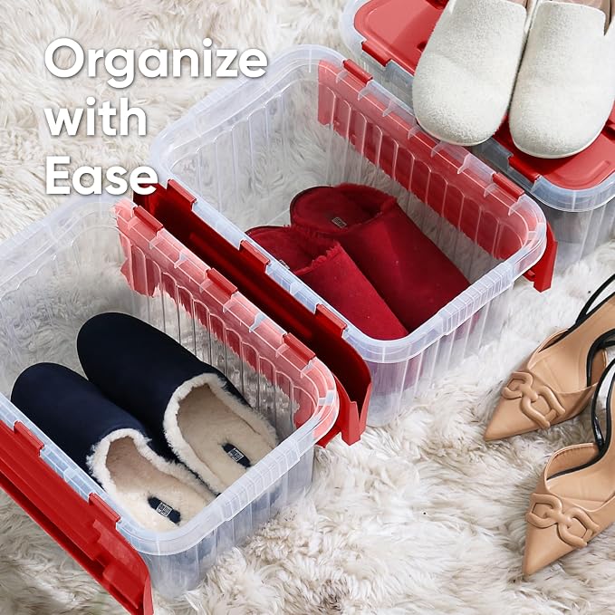 Superio Red Storage Box with Red Hinged Lids, Plastic Container Bins for Organizing with Attached Lid, Stackable Crates, BPA Free, Organizers for Home and Office, 53Quart (20.25"x14"x14.6")
