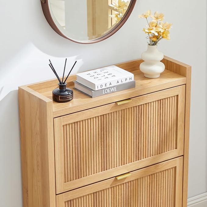 Fluted Shoe Storage Cabinet for Entryway, Farmhouse Narrow Shoe Organizer for Entryway with 2 Flip Drawers, Shoe Dresser for Hallway, Living Room (Natural)