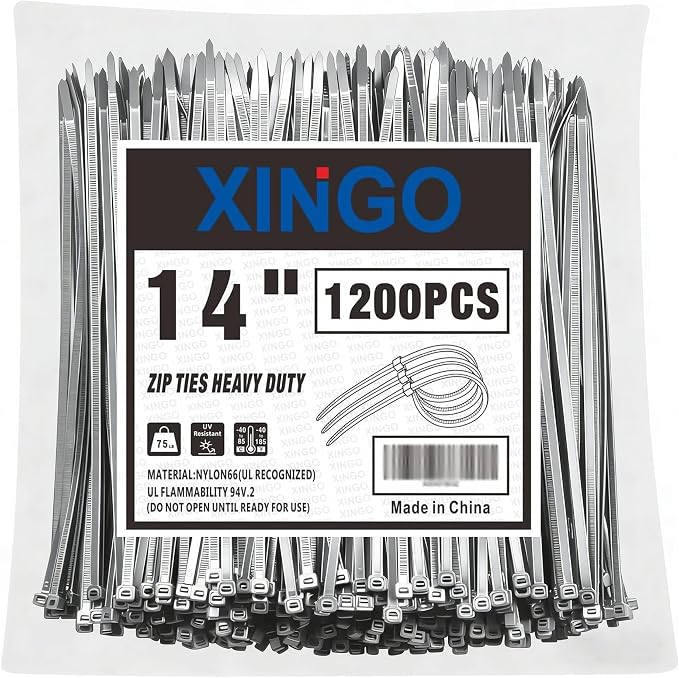 XINGO 14 Inch Silver Zip Ties 1200 PCS, 75 LBS Ultra Strong Tensile Strength, UV Resistant Cable Ties, Self-locking Plastic Ties for Indoor and Outdoor Use