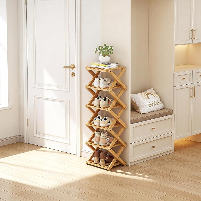 Vertical Narrow Shoe Rack, 6 Tier Portable Folding Shoe Storage Rack, Without Installation Free Standing Shoe Rack for Corridors, Bedrooms Living Room Corner and Small Spaces (6 Tier)