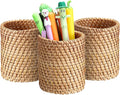 BTSKY 3 Pack Rattan Pen Cup, Handmade Desk Pencil Holders Makeup Brush Holder Multi-Functional Woven Basket Office&Home Desktop Organizer (Cylinder)