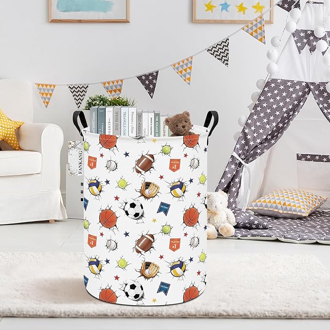 FANKANG Storage Basket, Nursery Hamper Canvas Laundry Basket Foldable with Waterproof PE Coating Large Storage Baskets for Kids Boys and Girls, Office, Bedroom, Clothes,Toys(3D Sports Balls)