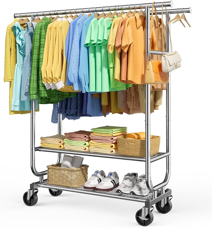 Sakugi Double-Rod Garment Rack 2-Tier 42.5x16.9x65.2 Silver with Wheels | Bedroom, Closet, Laundry Room, Heavy Duty, Stainless Steel