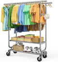Sakugi Double-Rod Garment Rack 2-Tier 42.5x16.9x65.2 Silver with Wheels | Bedroom, Closet, Laundry Room, Heavy Duty, Stainless Steel