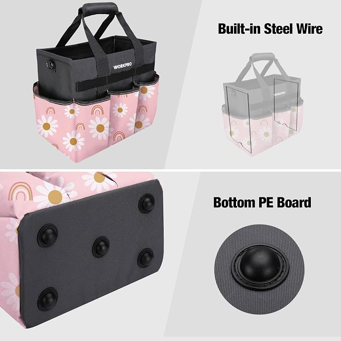 WORKPRO Garden Tool Bag, 10 Pockets and Shoulder Strap, Floral Pink | Heavy Duty Gardening Organizer Tote Bag Standable Garden Home Tool Kits Organizer - Pink Ribbon