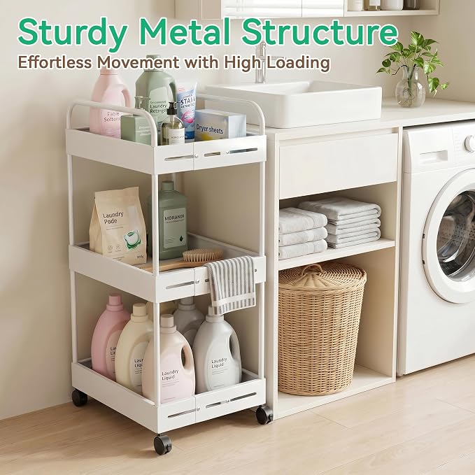3 Tier Expandable Rolling Storage Cart, Rolling Utility Cart with Wheels | Expandable Adjustable Width, Sturdy Metal Frame, Silent 360° Wheels, Storage for Bathroom, Kitchen, Laundry & Living room