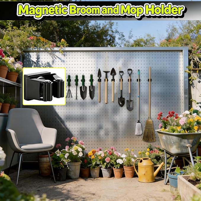 Magnetic Broom and Mop Holder Wall Mount, Black 4 Pack | Space-Saving magnetic broom holder, heavy duty magnet hooks, no-drill over the door broom gripper,RV Camper Wall Organizer