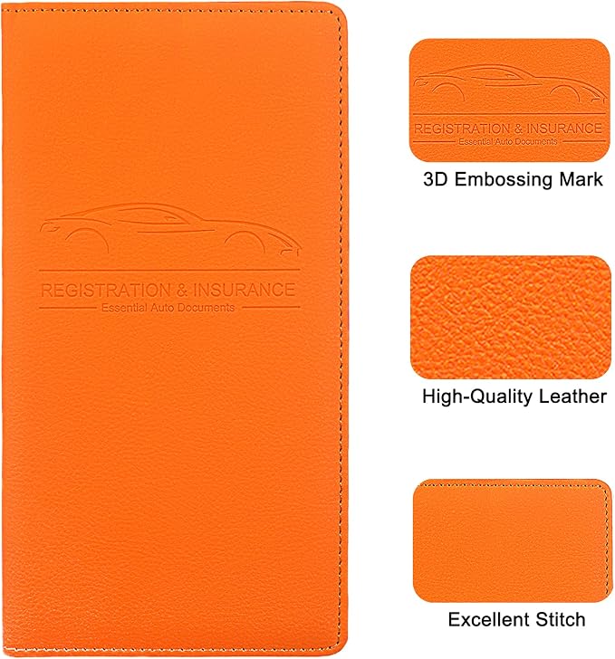 LumiMokki Premium Car Registration & Insurance Card Holder with Magnetic Shut, Vehicle Glove Box Car Organizer - For Documents, Cards, License (Orange)