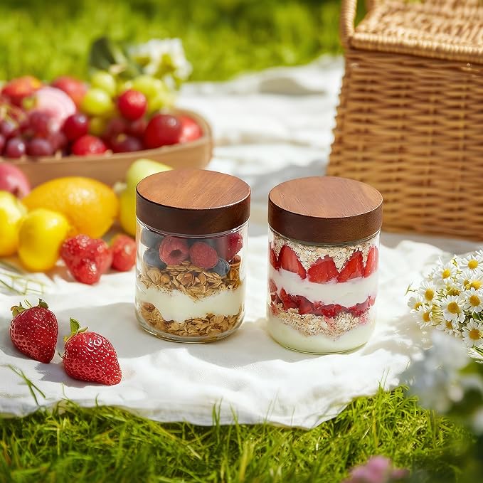 Danmu 16 oz Overnight Oats Containers with Lids,Mason Jars with Lids 4 Pack | Wooden Lid,Overnight Oats Jars,Overnight Oats Containers,Meal Prep Containers,Leak-proof,Dishwasher Safe(remove lids)