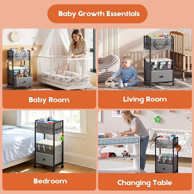 Cidaziya 3In1 Baby Diaper Caddy Organizer, 3 Tier Rolling Cart with Drawer, Detachable Dividers, Mobile Utility Cart Baby Dresser Clothes Organizer for Crib, Bedroom, Art & Craft Storage, Grey